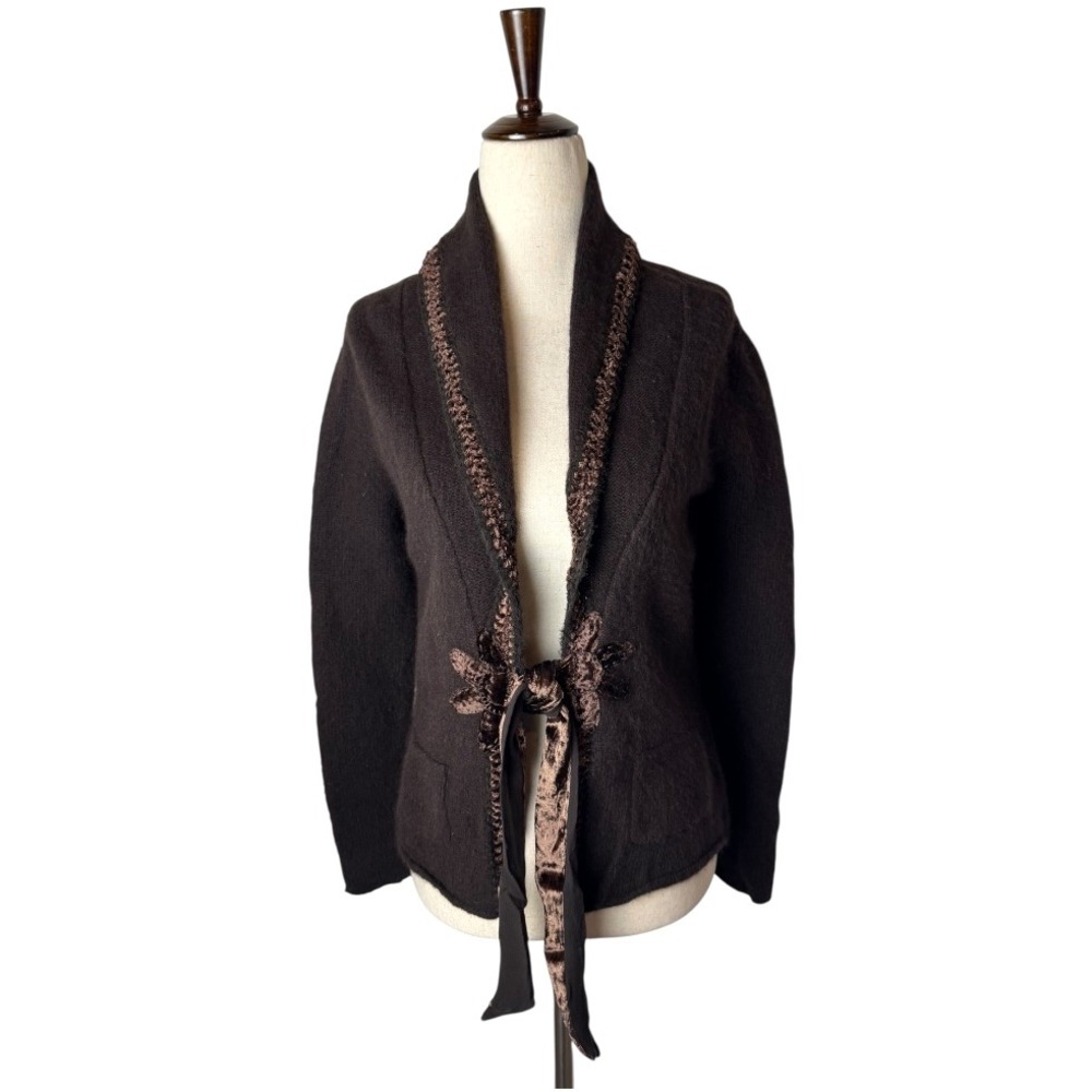 Olsen Europe Sweater Women 6 Brown Wool‎ Angora Tie Cardigan Vintage Outdoor